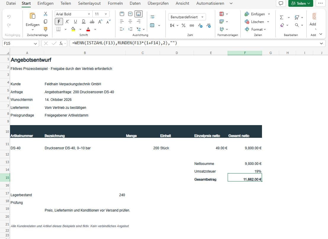 Excel-Angebotsentwurf für 200 Drucksensoren zu 49 Euro netto mit 9.800 Euro Nettosumme und offenem Liefertermin