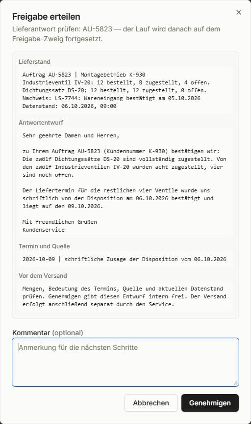 Aktualisierter Antwortentwurf für AU-5823 mit Liefertermin am 9. Oktober 2026, schriftlicher Zusage der Disposition und Hinweis zur Prüfung vor dem Versand