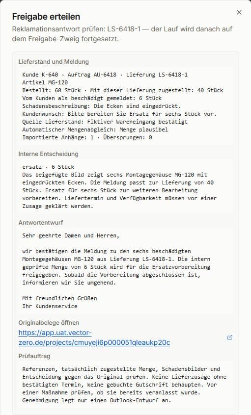 Freigabe in vector zero mit Lieferstand, sechs gemeldeten Schäden, interner Entscheidung und Antwortvorschlag