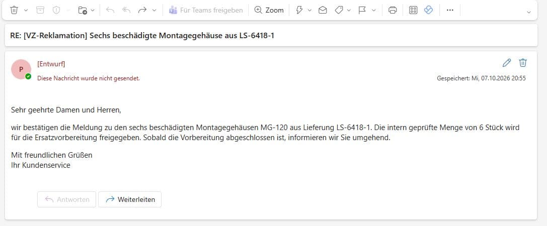 Ungesendeter Outlook-Antwortentwurf zur Reklamation von sechs Montagegehäusen aus Lieferung LS-6418-1