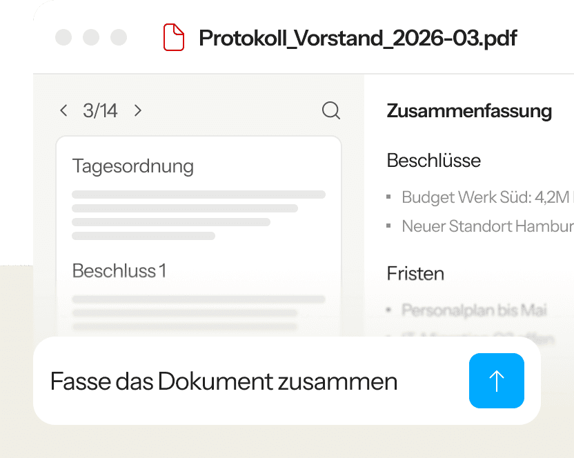 Beispielansicht eines geöffneten Protokolls mit KI-Zusammenfassung im rechten Panel.