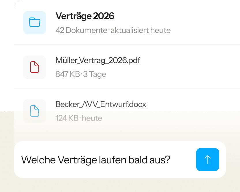 Beispielansicht eines Projekts mit indexierten Verträgen, darunter zwei Beispieldateien.