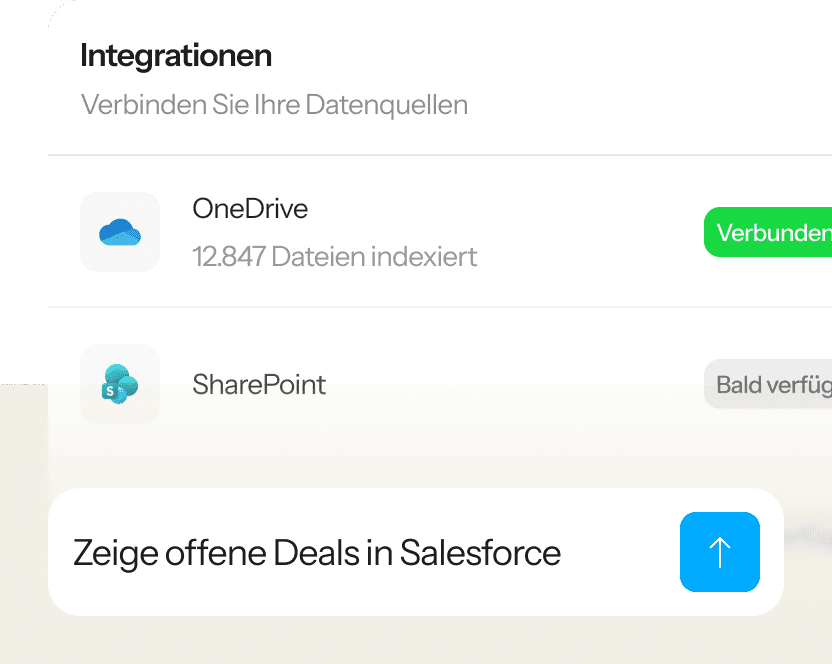 Beispielansicht angebundener Drittsysteme wie OneDrive und SharePoint im Integrationen-Panel.