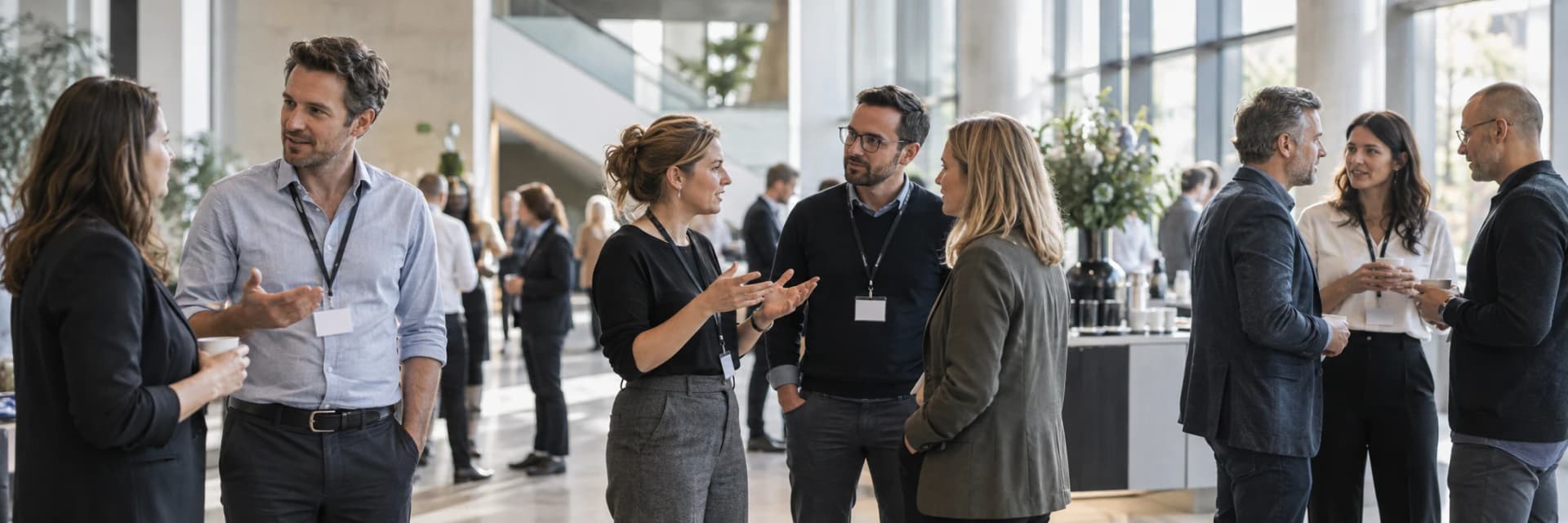 Illustrative Konferenzszene: Menschen im Gespräch während einer Veranstaltungspause (KI-generiert).