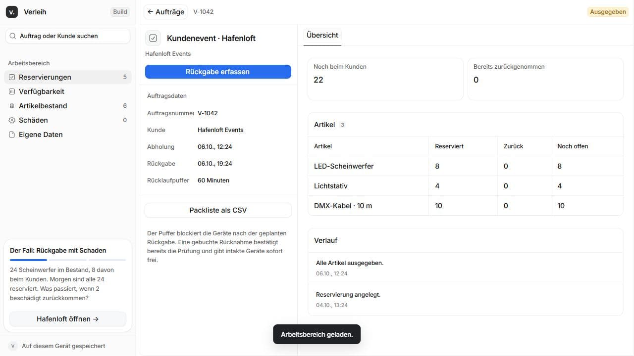 Auftrag V-1042 in der Verleihsoftware